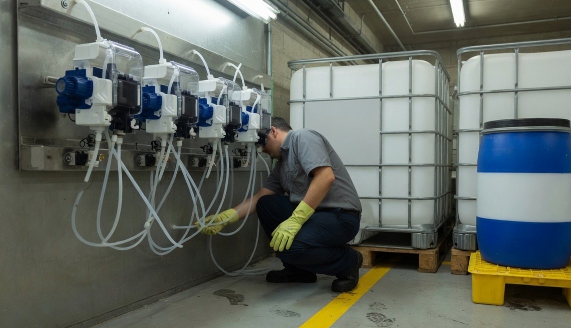 Chemical dosing pumps and IBC totes on a laundry plant floor