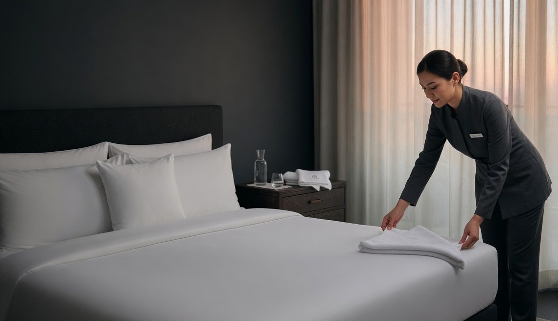 Housekeeper finishing a hotel bed with guest-ready linen